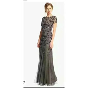Adrianna Papell Floral Embroidered Beaded Godet Gown Dress, Lead Gray, Size 2P